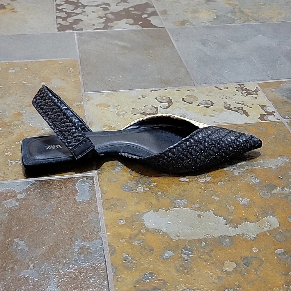 Zara Raffia Slingback Colorblock Flats in Black & Cream - EU Size 37 or US 6.5/7 - Picture 6 of 11